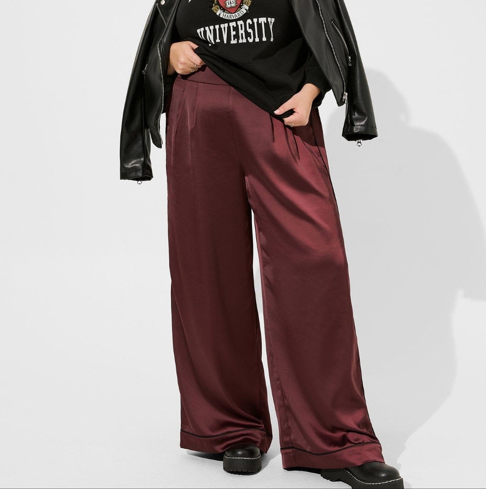 Burgundy/Red Wide-Leg Satin Pants